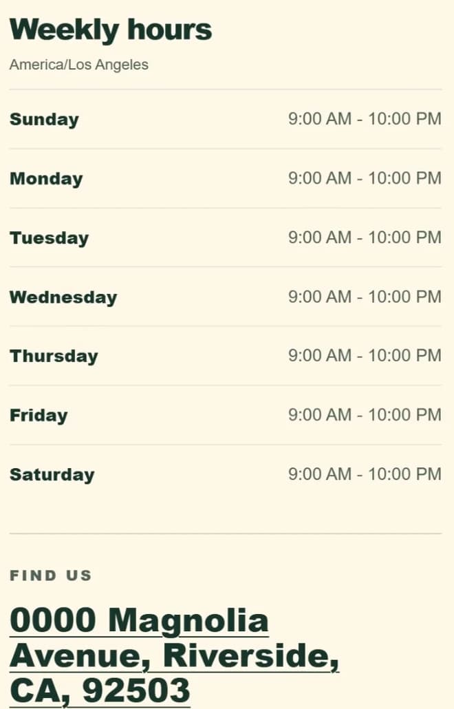 Weekly hours and the fictional address link on Super Tacos