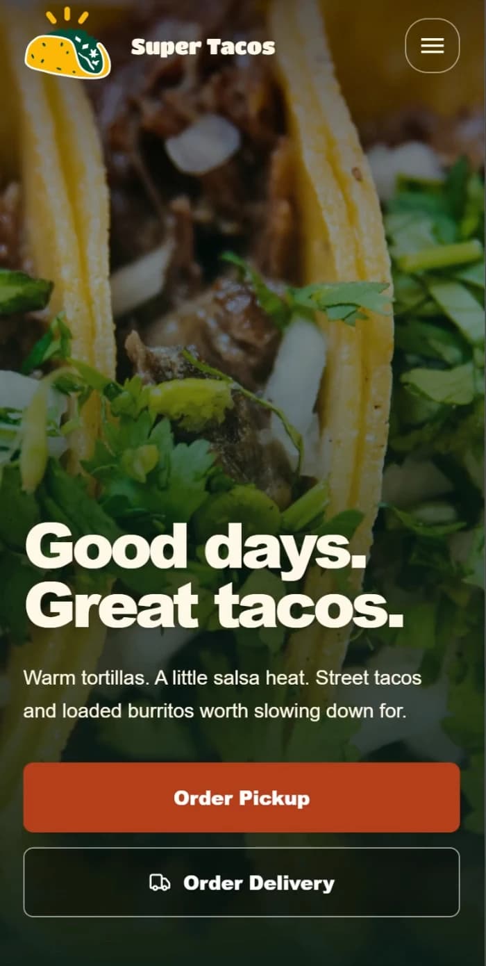 Super Tacos restaurant homepage on a small screen