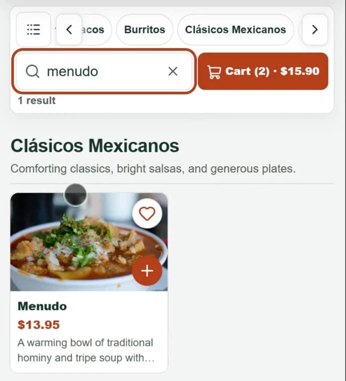 A real menu search for menudo with one matching result